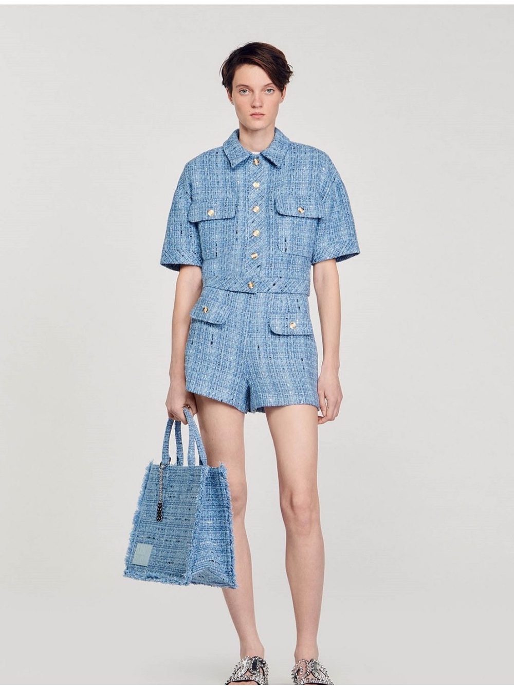 Sandro Light Blue Tweed Short Set with Gold Buttons